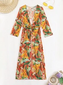 熱帶圖案腰帶和服罩衫 - 彩色 - 查看 3