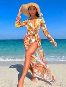 熱帶圖案腰帶和服罩衫 - 彩色 - 查看 4