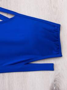 SHEIN Swim 罗纹镂空不对称领口比基尼上衣，适合夏季海滩度假 - 寶藍色 - 查看 4