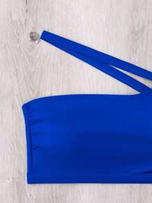 SHEIN Swim 罗纹镂空不对称领口比基尼上衣，适合夏季海滩度假 - 寶藍色 - 查看 5