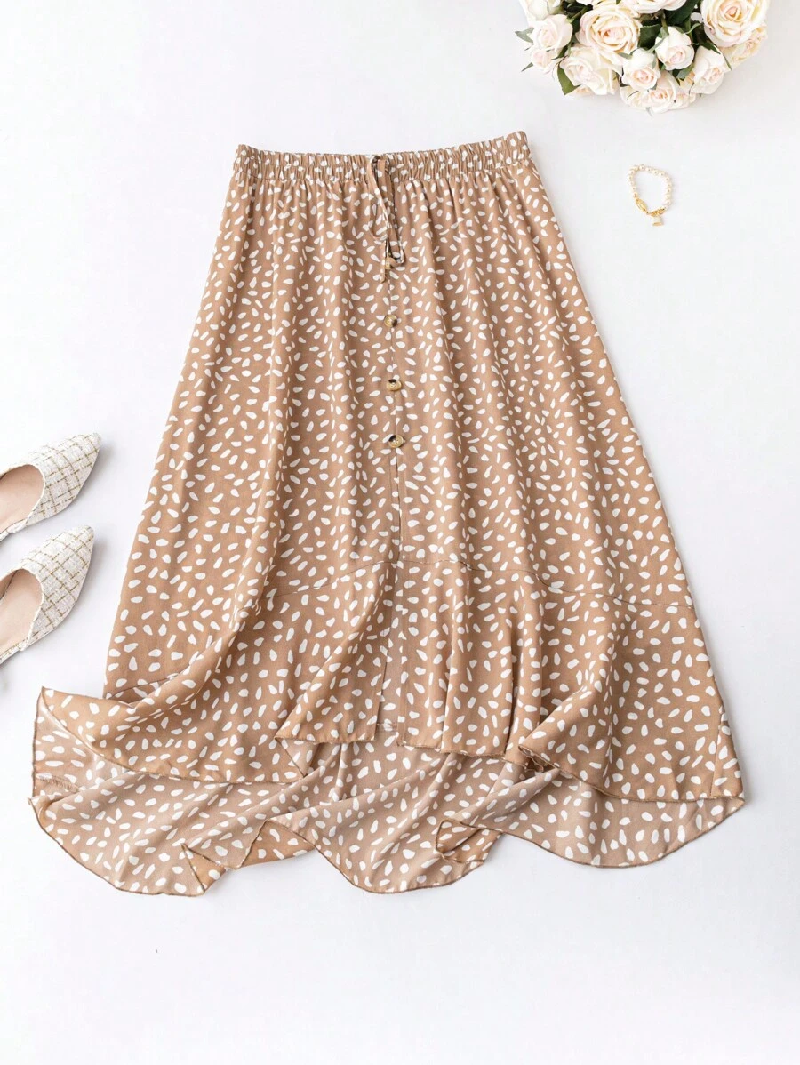 SHEIN Unity Plus Allover Print Tie Waist Ruffle Hem Skirt - Khaki - View 1