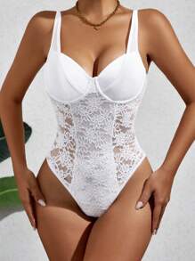 SHEIN Allurite Solid Contrast Lace Bustier Cami Bodysuit - White - View 1