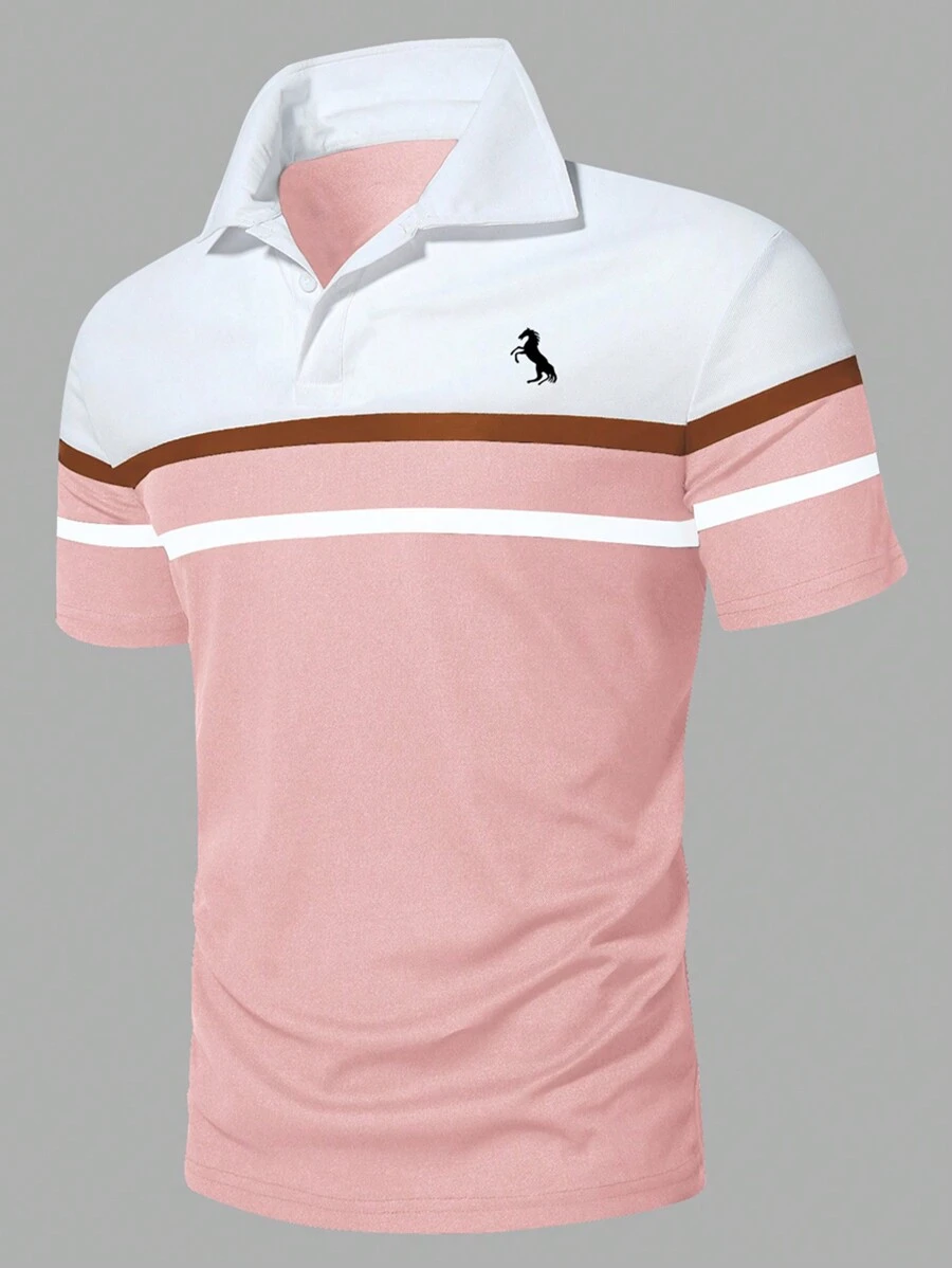 Manfinity Homme 男士彩色马匹印花 Polo 衫，适合高尔夫运动