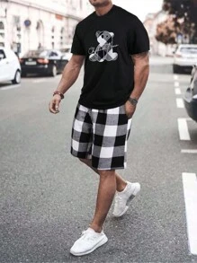 Manfinity Homme Men Bear Graphic Short Sleeve Tee & Gingham Print Shorts, Going Out - Black and White - View 1