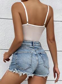 SHEIN Allurite Solid Contrast Lace Bustier Cami Bodysuit - White - View 2