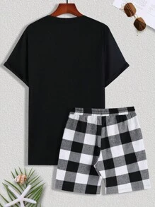 Manfinity Homme Men Bear Graphic Short Sleeve Tee & Gingham Print Shorts, Going Out - Black and White - View 2