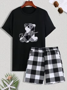 Manfinity Homme Men Bear Graphic Short Sleeve Tee & Gingham Print Shorts, Going Out - Black and White - View 3