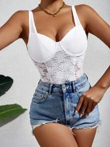 SHEIN Allurite Solid Contrast Lace Bustier Cami Bodysuit - White - View 3