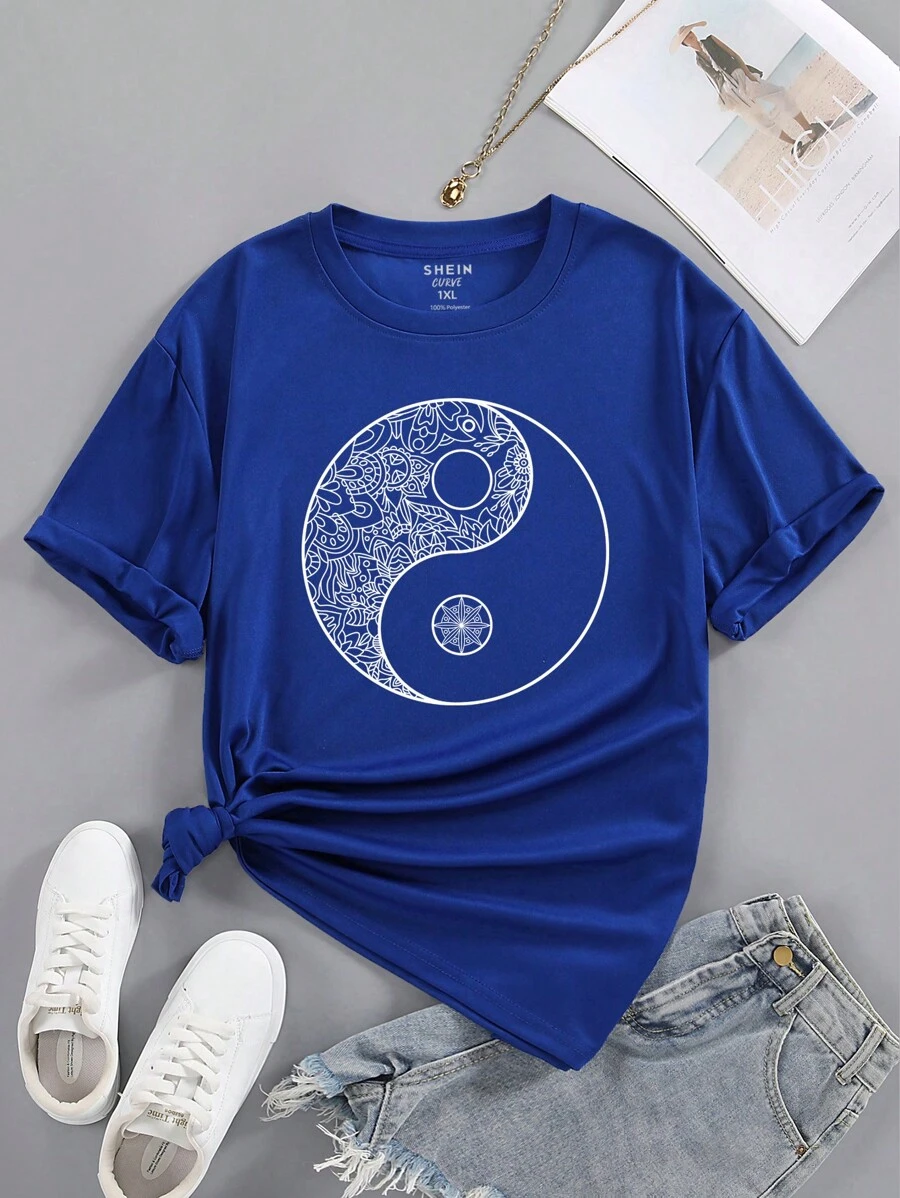 SHEIN Unity Plus Yin & Yang Print Tee - Royal Blue - View 1