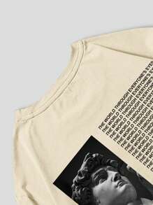 ROMWE MEN Street Life Men Slogan Figure Graphic Drop Shoulder Tee, School - Khaki - View 7