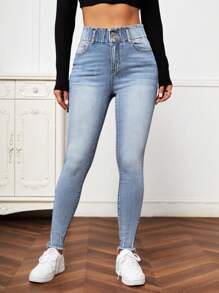 EMERY ROSE 破洞磨損邊漂白水洗紙袋腰緊身牛仔褲 - 淺色水洗藍 - 查看 3