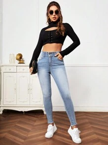 EMERY ROSE 破洞磨損邊漂白水洗紙袋腰緊身牛仔褲 - 淺色水洗藍 - 查看 4