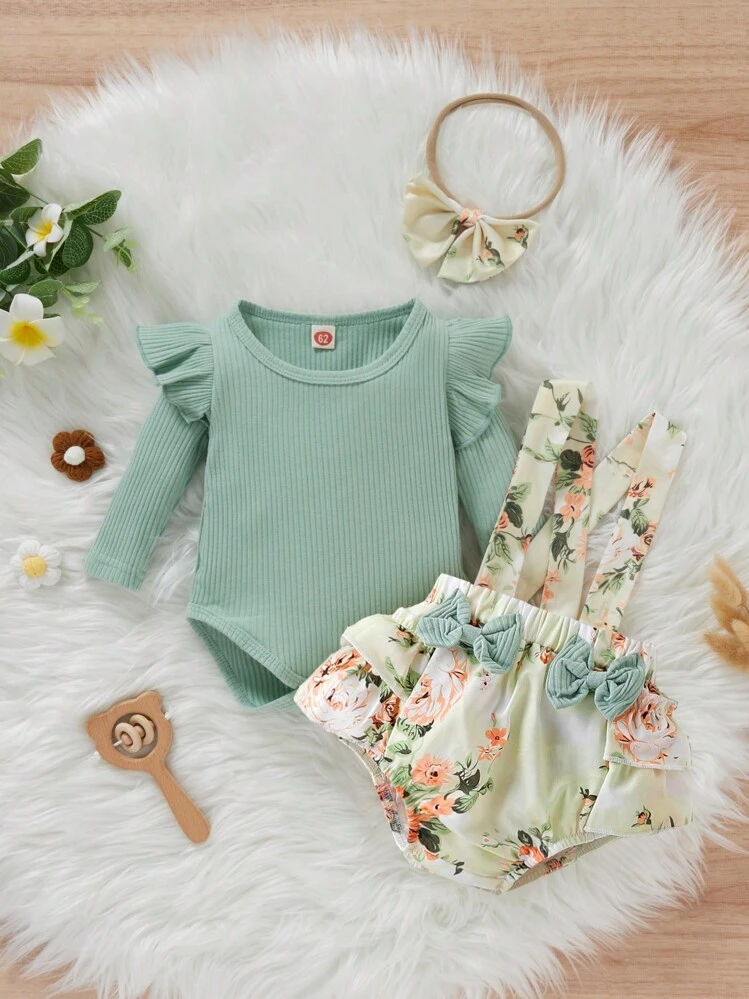 Schattig Bloemen Sets voor baby's criss cross Rimpeling Strik Vooraan - Veel kleurig - Bekijken 5