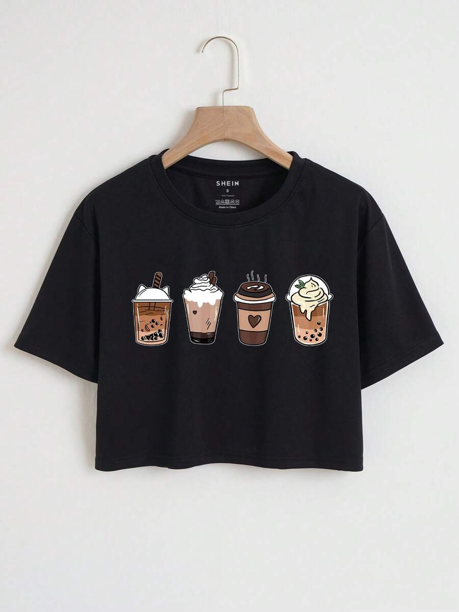 SHEIN EZwear 咖啡圖案短款T恤 - 黑色 - 查看 1