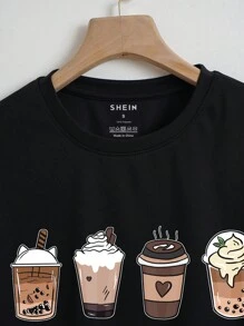 SHEIN EZwear 咖啡圖案短款T恤 - 黑色 - 查看 5