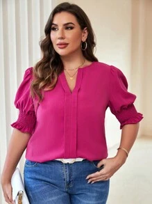 SHEIN Unity Blusa de cuello notch de manga farol - Rosa Fucsia - Ver 1