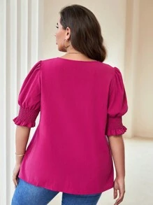 SHEIN Unity Blusa de cuello notch de manga farol - Rosa Fucsia - Ver 2