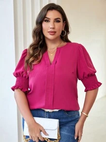 SHEIN Unity Blusa de cuello notch de manga farol - Rosa Fucsia - Ver 6