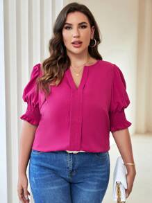 SHEIN Unity Blusa de cuello notch de manga farol - Rosa Fucsia - Ver 7