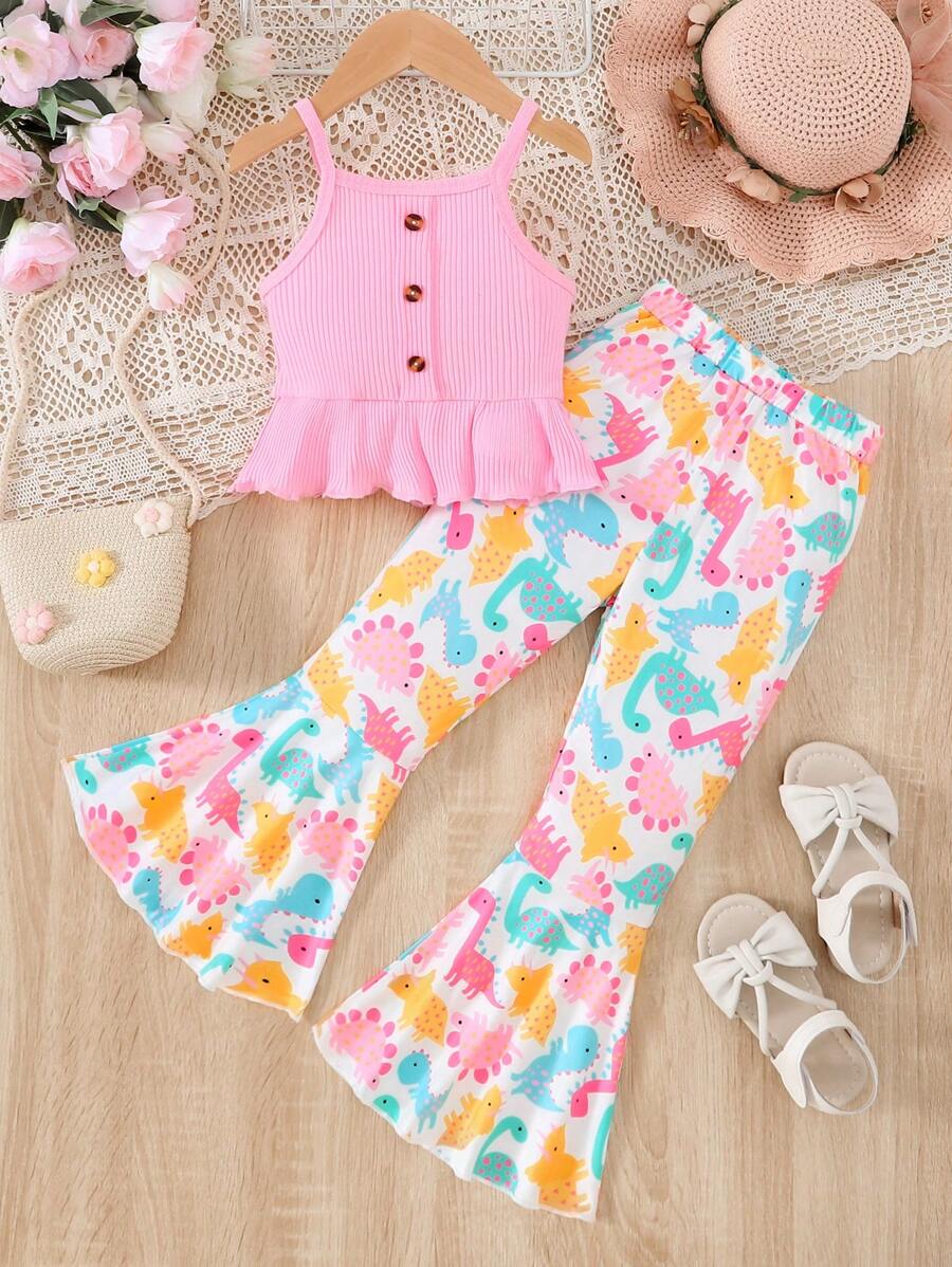 SHEIN Toddler Girls Ruffle Hem Cami Top & Floral Print Flare Leg Trousers - Multicolor - View 1