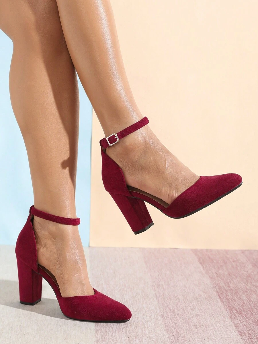 Phụ nữ Minimalist Point Toe Chunky gót Faux Suede Dây đeo mắt cá chân, Pumps thời trang - Màu Đỏ Sâu - Xem 1