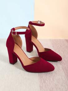 Phụ nữ Minimalist Point Toe Chunky gót Faux Suede Dây đeo mắt cá chân, Pumps thời trang - Màu Đỏ Sâu - Xem 3