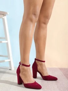 Phụ nữ Minimalist Point Toe Chunky gót Faux Suede Dây đeo mắt cá chân, Pumps thời trang - Màu Đỏ Sâu - Xem 4