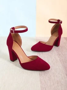 Phụ nữ Minimalist Point Toe Chunky gót Faux Suede Dây đeo mắt cá chân, Pumps thời trang - Màu Đỏ Sâu - Xem 6