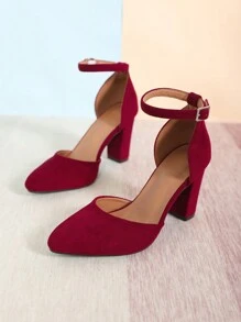 Phụ nữ Minimalist Point Toe Chunky gót Faux Suede Dây đeo mắt cá chân, Pumps thời trang - Màu Đỏ Sâu - Xem 7