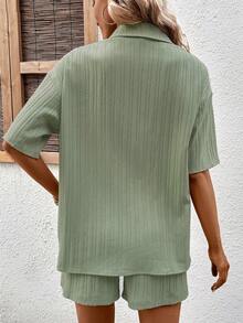 SHEIN VCAY 素色前紐扣襯衫和短褲和上衣 - 軍綠色 - 查看 2