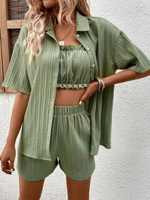 SHEIN VCAY 素色前紐扣襯衫和短褲和上衣 - 軍綠色 - 查看 5