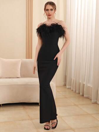 Modphy Vestido largo con hombros descubiertos, sin mangas, con efecto de pluma falsa, espalda descubierta y vendaje, vestido de fiesta elegante para mujer para bodas, damas de honor, cumpleaños, cócteles