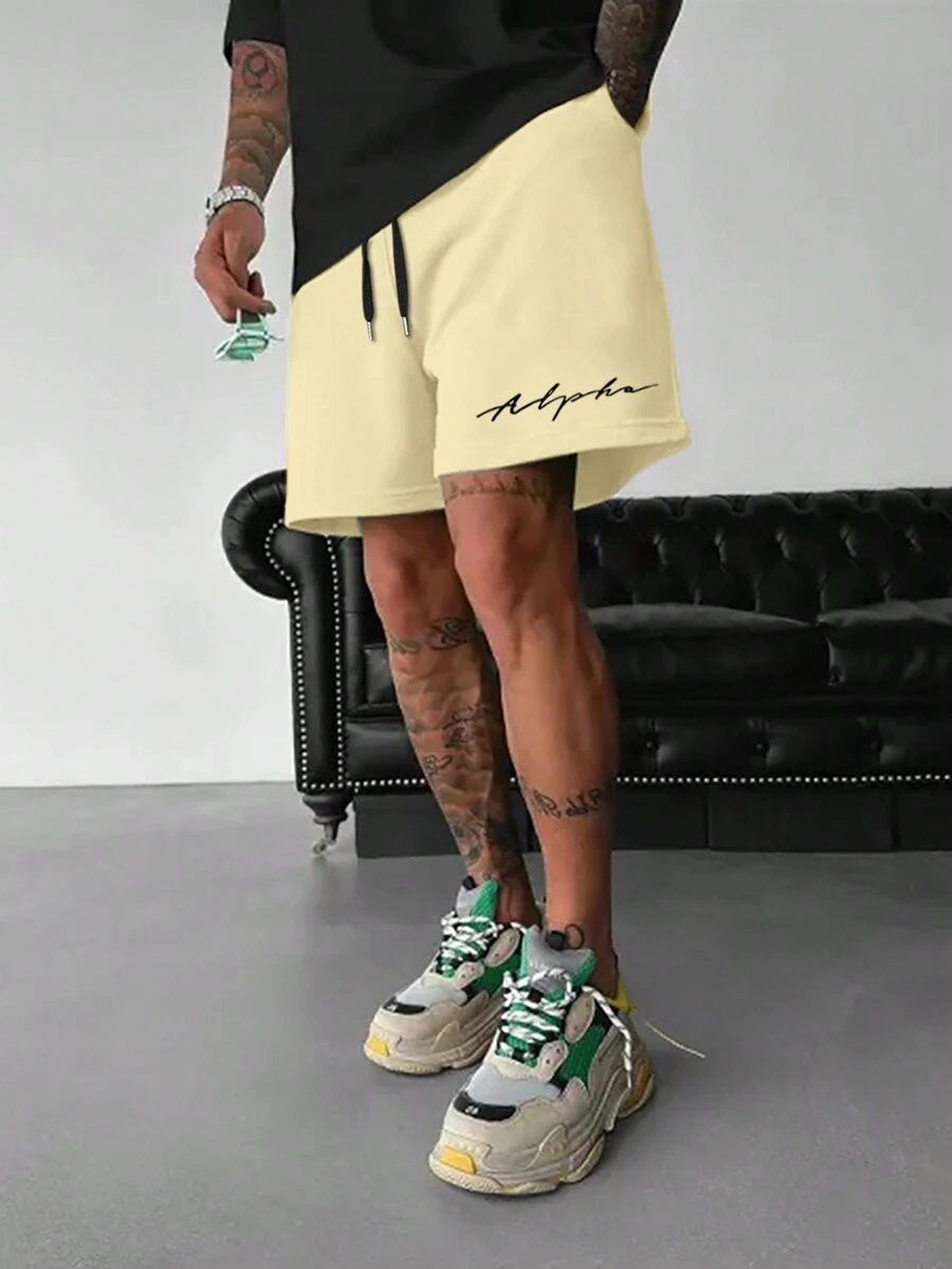 Manfinity Homme 男士字母圖案腰部抽繩短褲 - 米色 - 查看 1