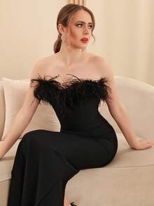 Modphy 性感露肩无袖仿羽毛露背绷带长裙，优雅女士正式派对礼服，适合婚礼宾客、伴娘、生日、鸡尾酒会等场合，春季黑色 - 黑色 - 查看 6