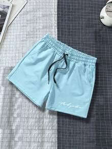 Manfinity Homme Men Letter Graphic Drawstring Waist Shorts - Baby Blue - View 5