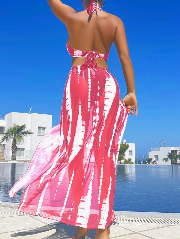 SHEIN Swim Vcay Tie Dye Halter Triangle Bikini Swimsuit With Cover Up