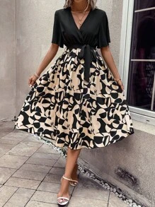 SHEIN Clasi Đầm Thắt lưng Trọn gói Hình học Giải trí - màu đen - Xem 1