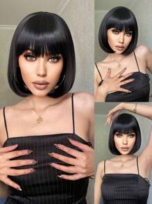 合成纖維短直筒黑色女士波波頭假髮帶鈍劉海適用於日常派對使用和1入組假髮帽 - 黑色 - 查看 3