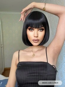 合成纖維短直筒黑色女士波波頭假髮帶鈍劉海適用於日常派對使用和1入組假髮帽 - 黑色 - 查看 2