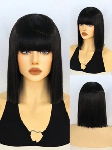 合成纖維短直筒黑色女士波波頭假髮帶鈍劉海適用於日常派對使用和1入組假髮帽 - 黑色 - 查看 7