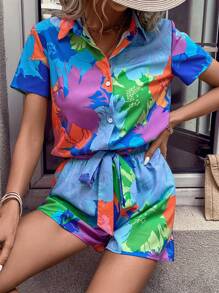 SHEIN VCAY Bộ đồ hai mảnh nữ Thắt lưng Nút phía trước Nhiệt đới Tất cả trên in Boho - Nhiều màu - Xem 1