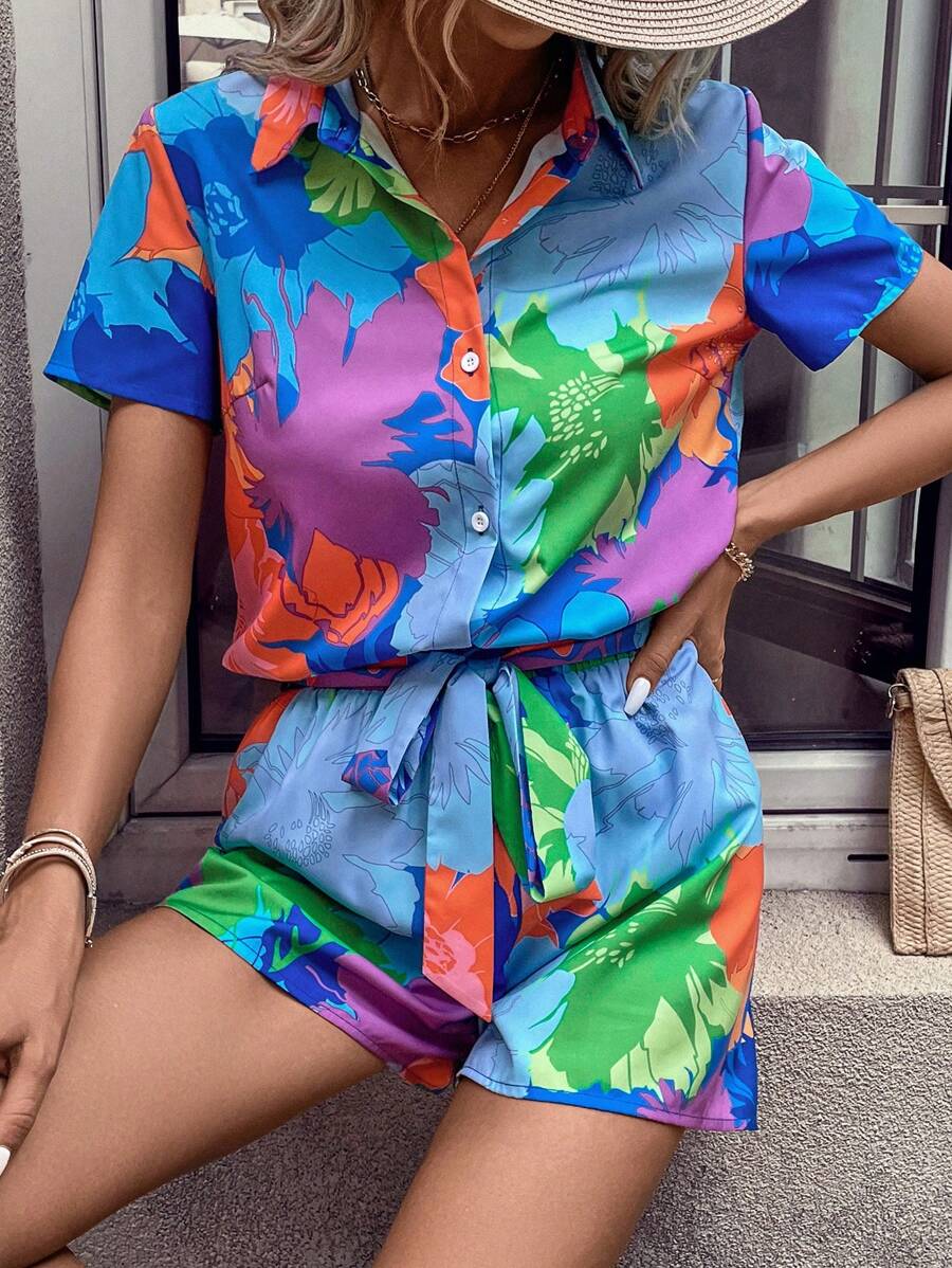 SHEIN VCAY Bộ đồ hai mảnh nữ Thắt lưng Nút phía trước Nhiệt đới Tất cả trên in Boho - Nhiều màu - Xem 1