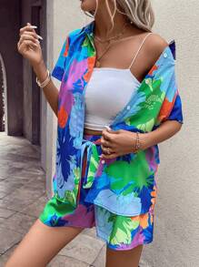 SHEIN VCAY Bộ đồ hai mảnh nữ Thắt lưng Nút phía trước Nhiệt đới Tất cả trên in Boho - Nhiều màu - Xem 3