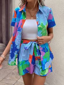 SHEIN VCAY Bộ đồ hai mảnh nữ Thắt lưng Nút phía trước Nhiệt đới Tất cả trên in Boho - Nhiều màu - Xem 4
