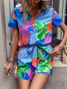 SHEIN VCAY Bộ đồ hai mảnh nữ Thắt lưng Nút phía trước Nhiệt đới Tất cả trên in Boho - Nhiều màu - Xem 6