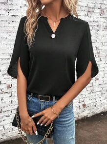 SHEIN Clasi 缺口領開衩袖襯衫 - 黑色 - 查看 1