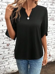 SHEIN Clasi 缺口領開衩袖襯衫 - 黑色 - 查看 4