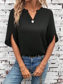 SHEIN Clasi 缺口領開衩袖襯衫 - 黑色 - 查看 5
