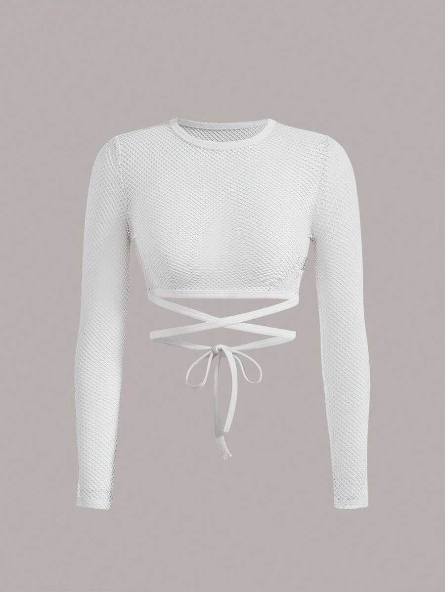 SHEIN ICON Áo nữ Hội Chữ thập Buộc lại màu trơn Giải trí - trắng - Xem 1