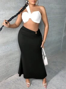 Slaydiva Váy Plus Size Cắt ra Nhẫn màu trơn Thanh lịch - màu đen - Xem 4